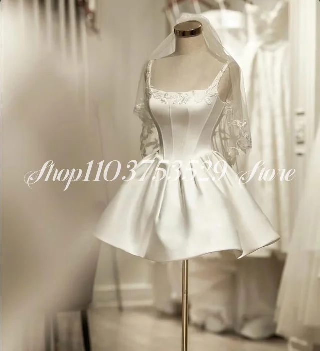 Playful White Mini Wedding Dress 2025 Satin Sleeveless Lace Embroidered Short Bridal Wedding Dress Custom فستان سهرة نسائي