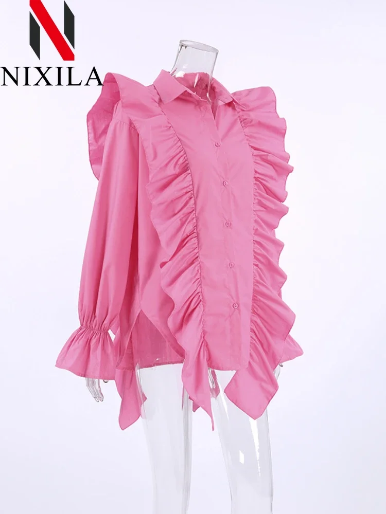 ربيع الخريف أزياء المرأة قميص كشكش حافة المتخصصة تصميم الشعور الإناث طويلة الأكمام قمم فضفاضة أنيقة المرأة بلوزة الملابس