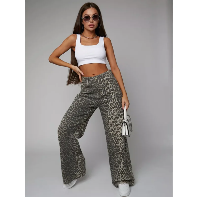 

Leopard Print Womens Jeans High Waist Vintage Hip Hop Casual Straight Baggy Y2K Pants Streetwear American Wide Leg Denim Trouser