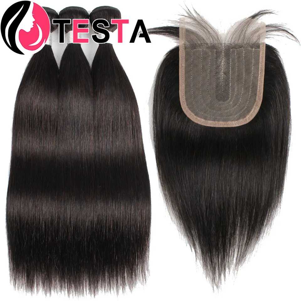 

Staight Human Hair Bundles With Closure 4x1 Middle Part Lace Brazilian Remy Hair Extension Pre-Plucked Hairline Natural Color