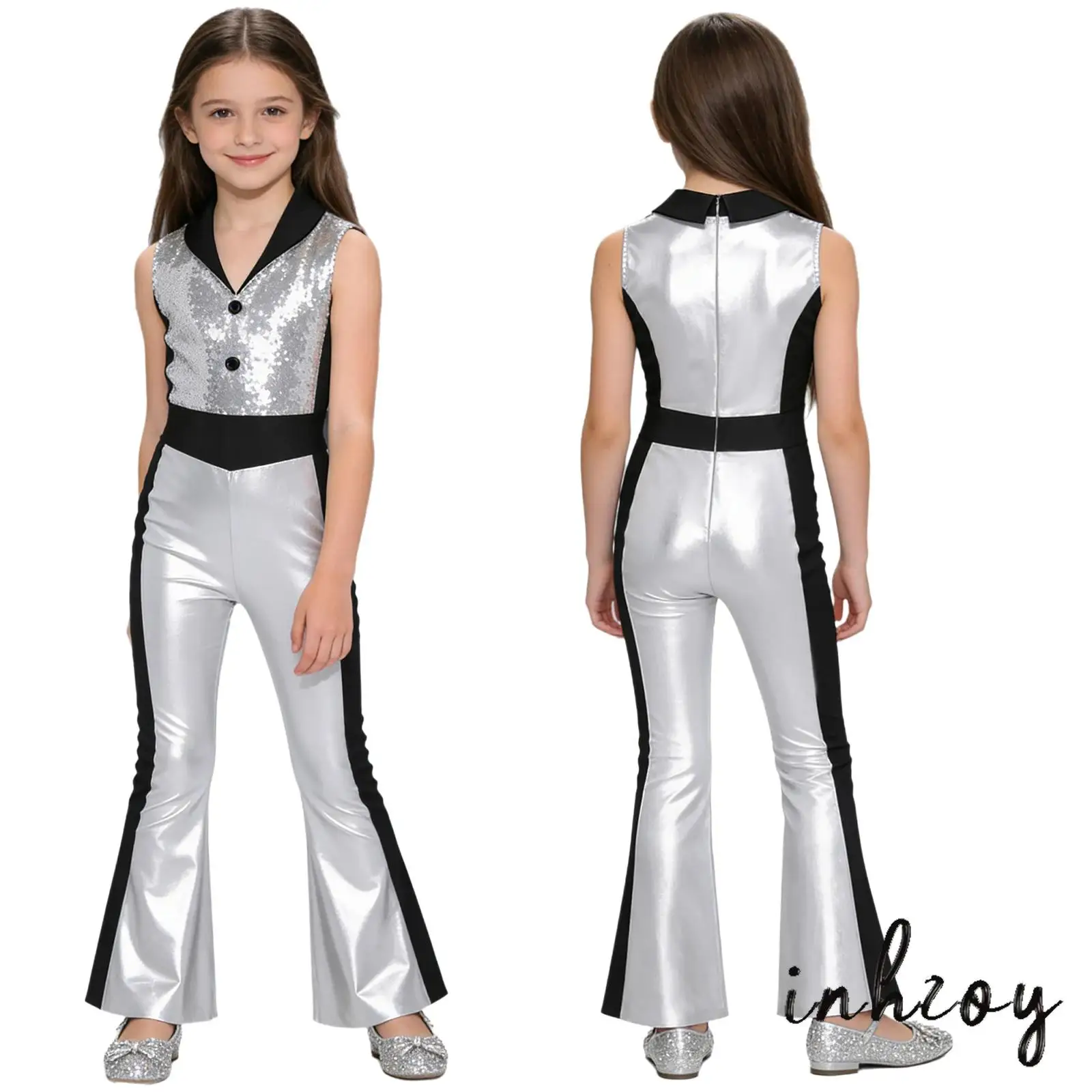 

Girls Disco Dance Party Romper Metallic Shiny Sleeveless Sequined Bodice Lapel Bell Bottom Flared Back Zipper Jumpsuit Bodysuit