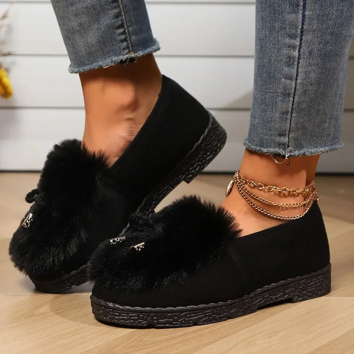 Women Fluffy Fur Snow Boots Winter Leopard Print Flat Heels Thicken Plush Cotton Padded Shoes Female Warm Ankle Botas