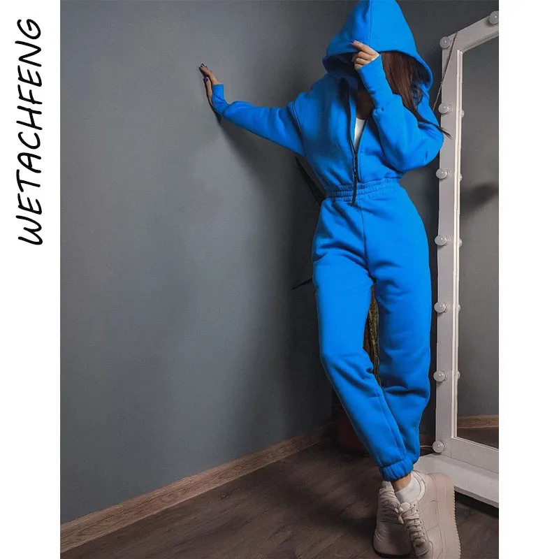 Jumpsuits Women Solid Long Sleeve Hooded Zipper Sexy Slim Overalls One Piece Outfits Fleece Winter Autumn Sports Rompers Clothes