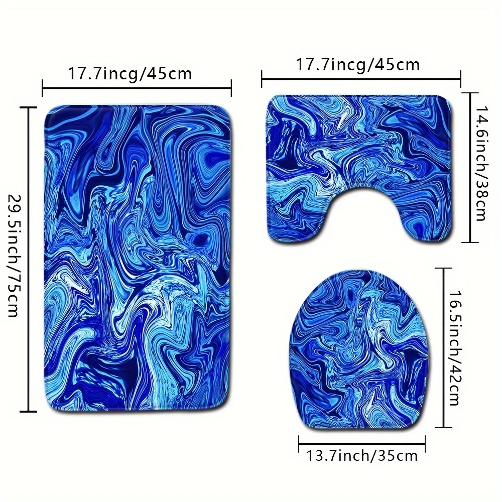 Abstract Blue Fluid Floor Mat Set Toilet Cover Toilet Mat Bathroom Absorbent Door Bathroom 3 Piece Set Non-slip Mat Decoration