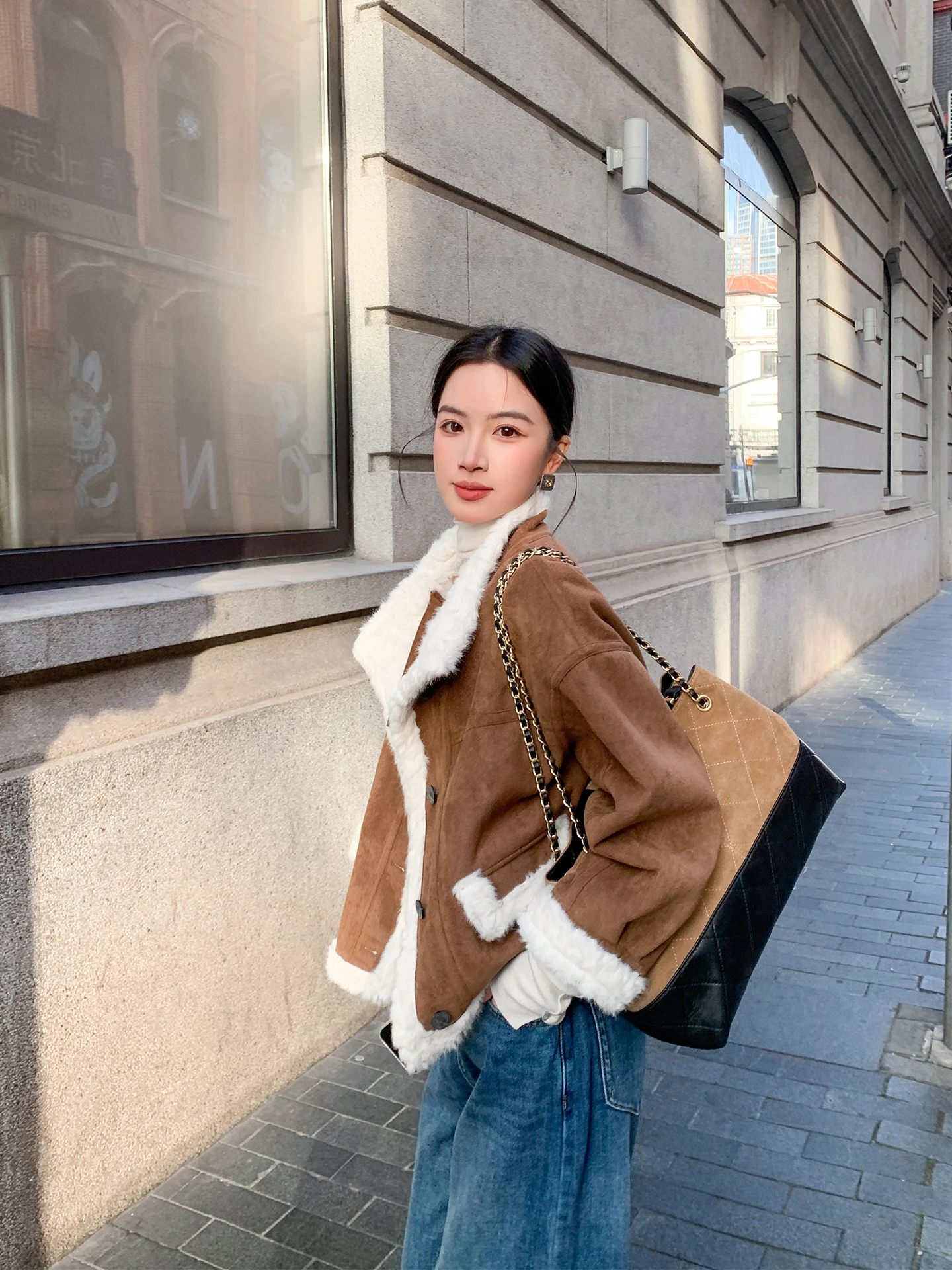 

Binguo Retro Suede ort Jaet Женский зимний теплый топ с интегрированным дизайном для поездок на работу Long Sve round Ne Coat