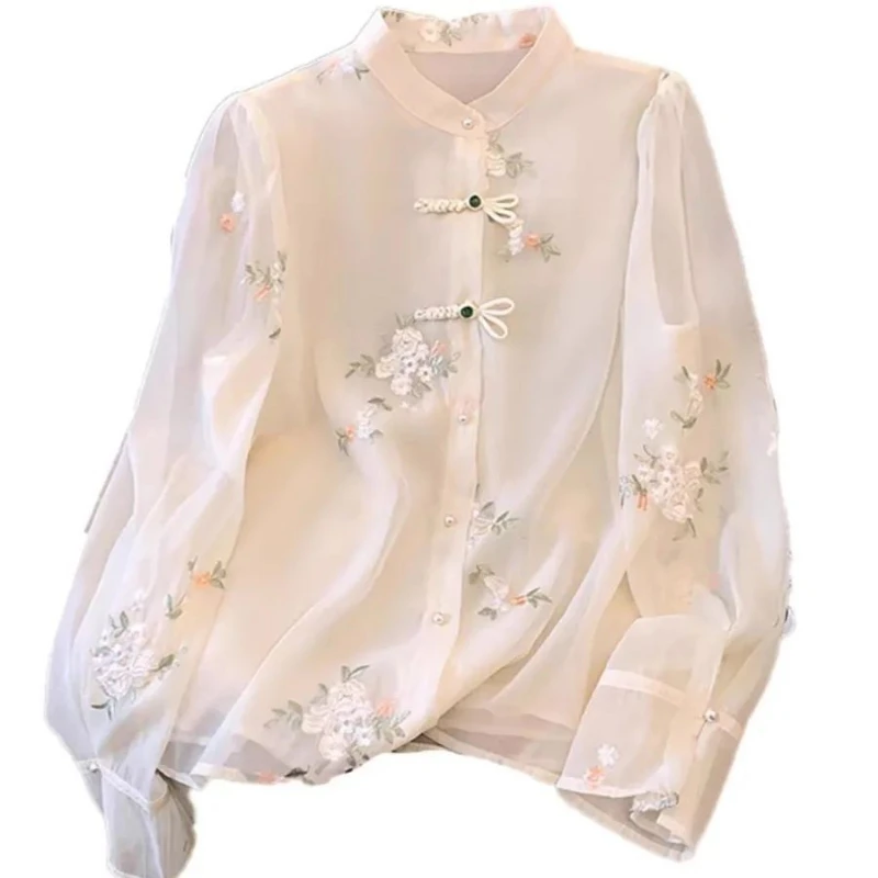 Women\'s Chinese Style Chiffon Blouses Embroidery Tops Female Loose Long Sleeves Floral Clothing Summer Ladies Casual Tops Q189