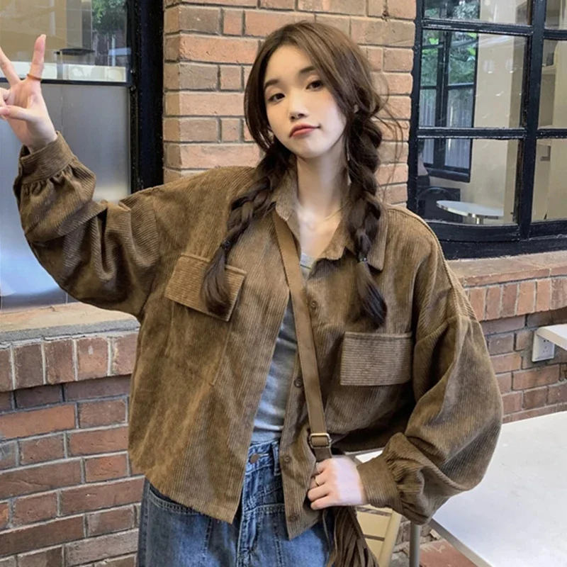 Women Spring Autumn Vintage Corduroy Long Sleeve Button Cardigan Jacket Crop Corduroy Jacket Loose Lapel Chic Short Coat