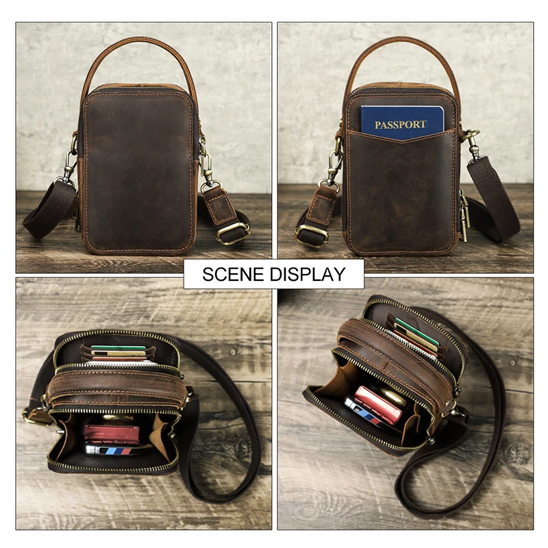 Genuine Leather Men Small Shoulder Bag for Phone Vintage Casual Crossbody Bags Mini Messenger Handbag Male Satchel Purse Engrave