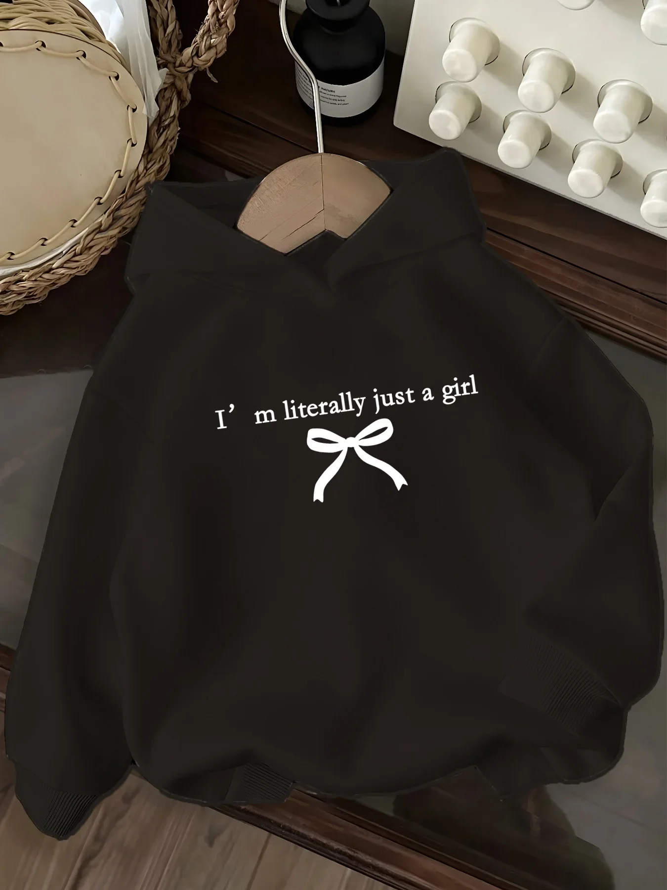 I'm Literally Just A Girl Kids Hoodie Cute Bow Ribbon Text Chest Print Autumn Winter Fleece Warm Casual Hooded Sweatshirt