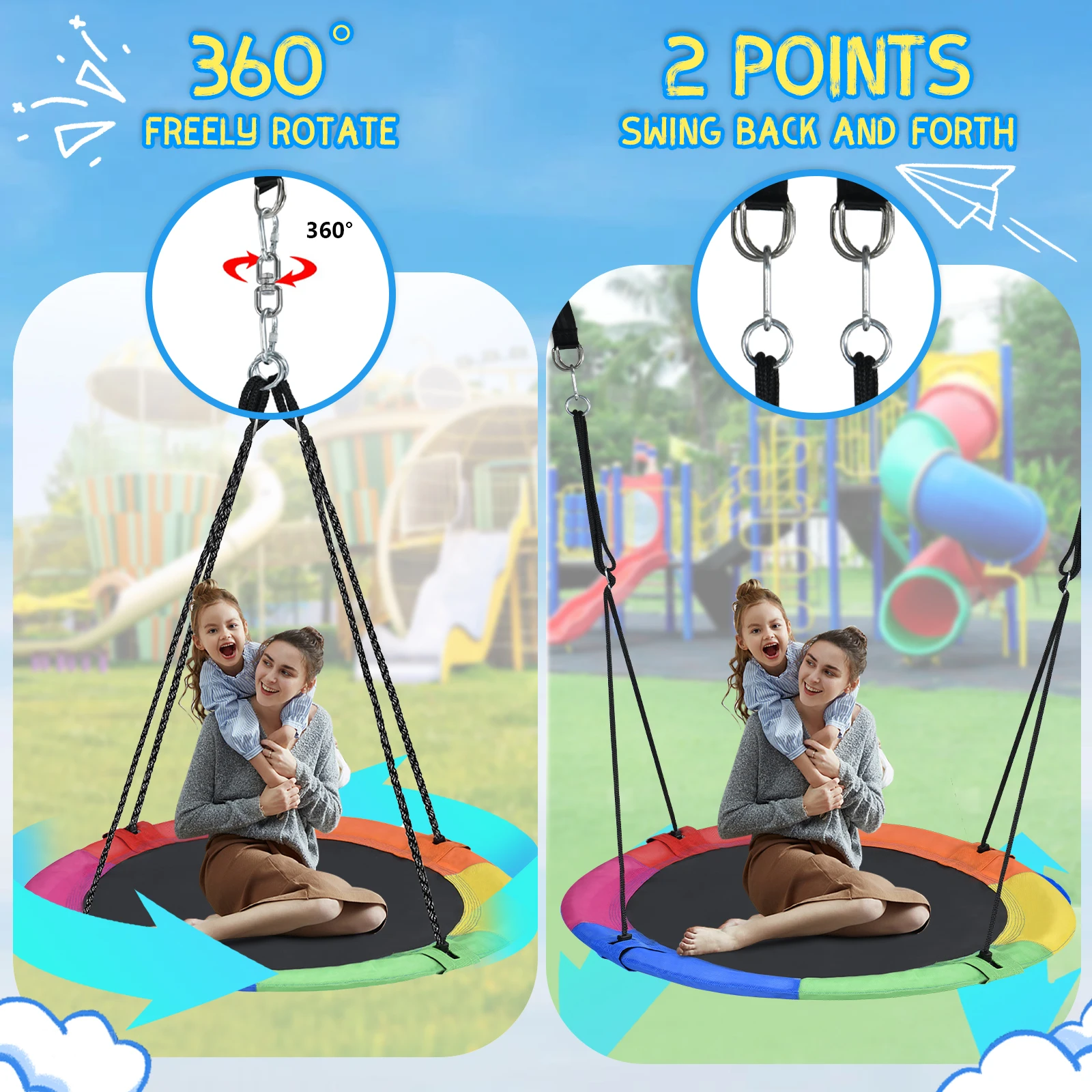 Hishine 43" schotelboomschommel voor kinderen, 360 °   Draaibare vliegende schotel met draaibare, ophangriemen, verstelbare touwen, ronde matschommel