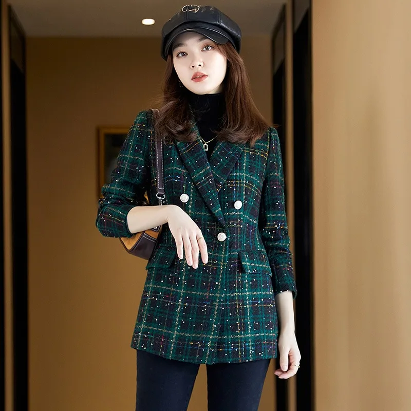 Autumn and Winter New Casual Elegant Small Suit Plaid Coat Women\'s Korean-Style Loose Girl Top