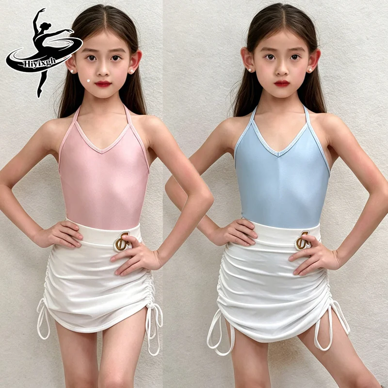 

2026 New Girls Latin Dance Practice Dress Performance Costumes Kids Rumba Clothing Hanging Neck Top Skirt Stage Wearing