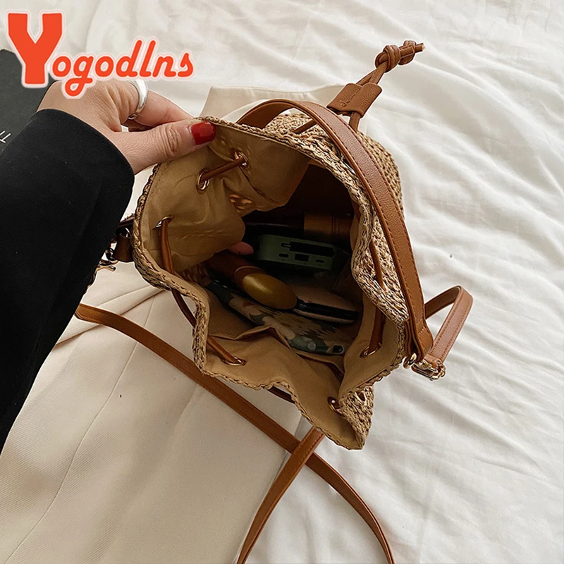 Summer Braided Straw Bucket Bag For Women Simple Drawstring Shoulder Crossbody Bag Travel Beach Bag Casual Wove Handbag image 5