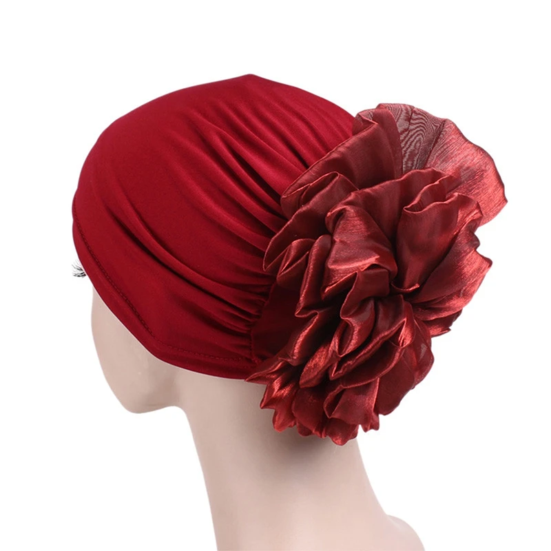 Women\'s Big Flower Turban Muslim India Hat Cap Thin Head Scarf Fashion Headwear Hair Accessories Muslim Hijab Turban Cancer Hat