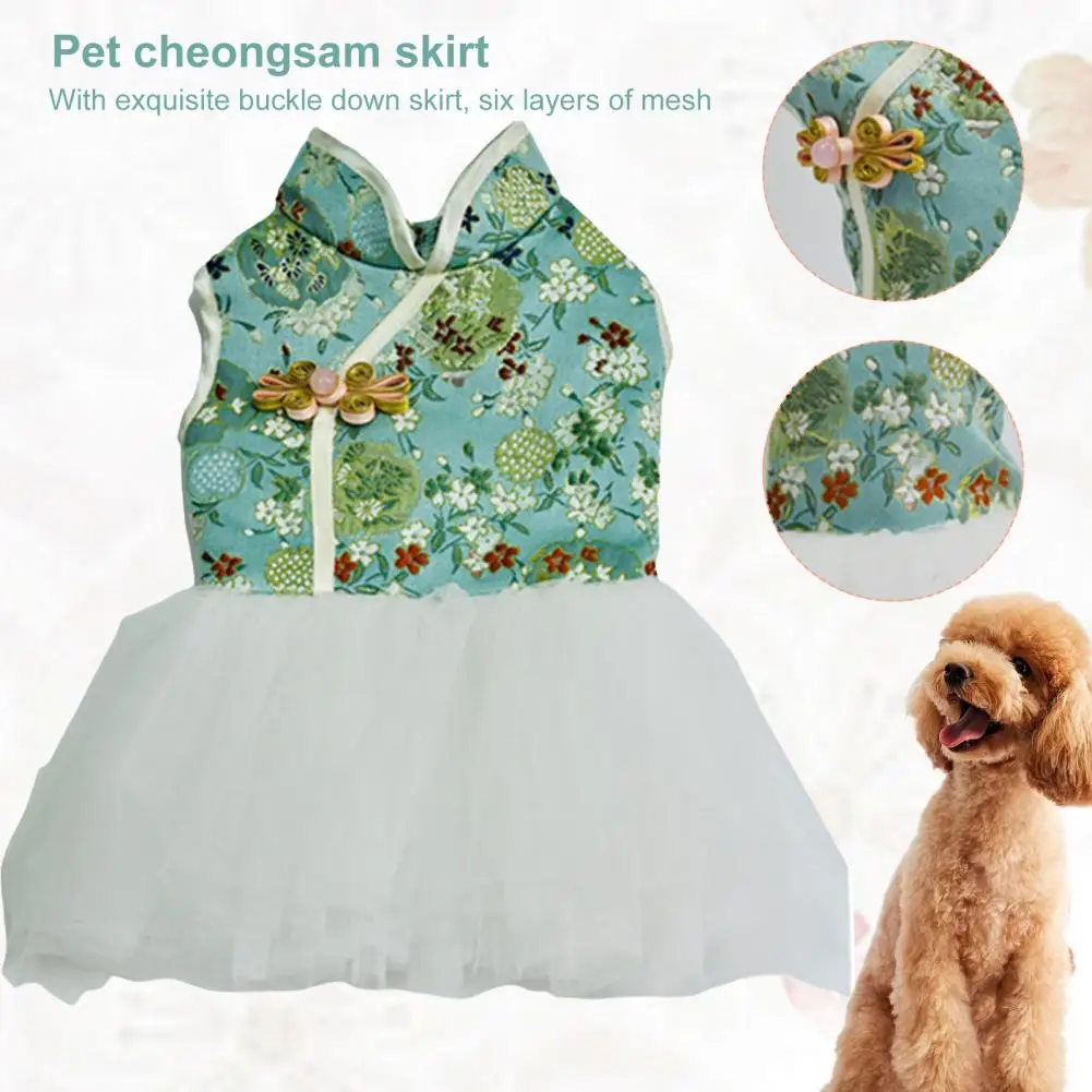 Dog Tang Suit Chinese Style Dress-up Skin-friendly Dogs Cheongsam Flower Pattern V Neck Puppy Skirt Pet Costume For Celebration