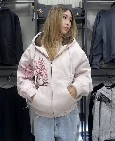 Harajuku Cherry Blossom Zipper Jackets Heavy Industry Hoodies Flower Tree Pattern Street Style Women Goth Embroidery Y2k Coat