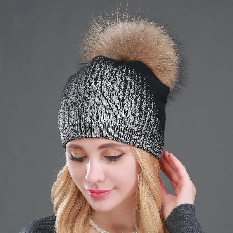 

Women's Pompom Beanie Hat Winter Metallic Color Wool Knitted Slouchy Beanies for Ladies Hat With Genuine Raccoon Fur Pompon