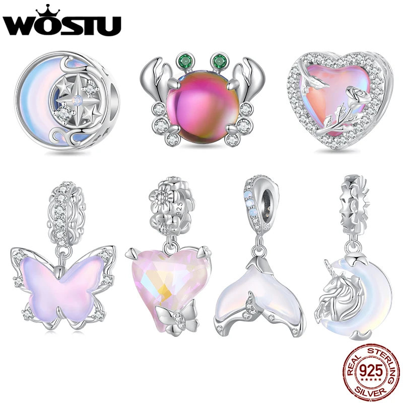 WOSTU 925 Sterling Silver Pink Crab Bead Butterfly Heart Charms Rainbow Crystal Moon Unicorn Pendant Fit DIY Bracelet Necklace