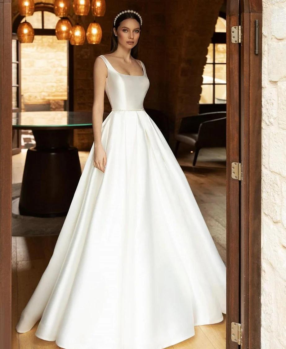 

Glittering Satin Wedding Gowns for Bride Long Backless Prom Dresses for Women Wedding Party Gown Formal