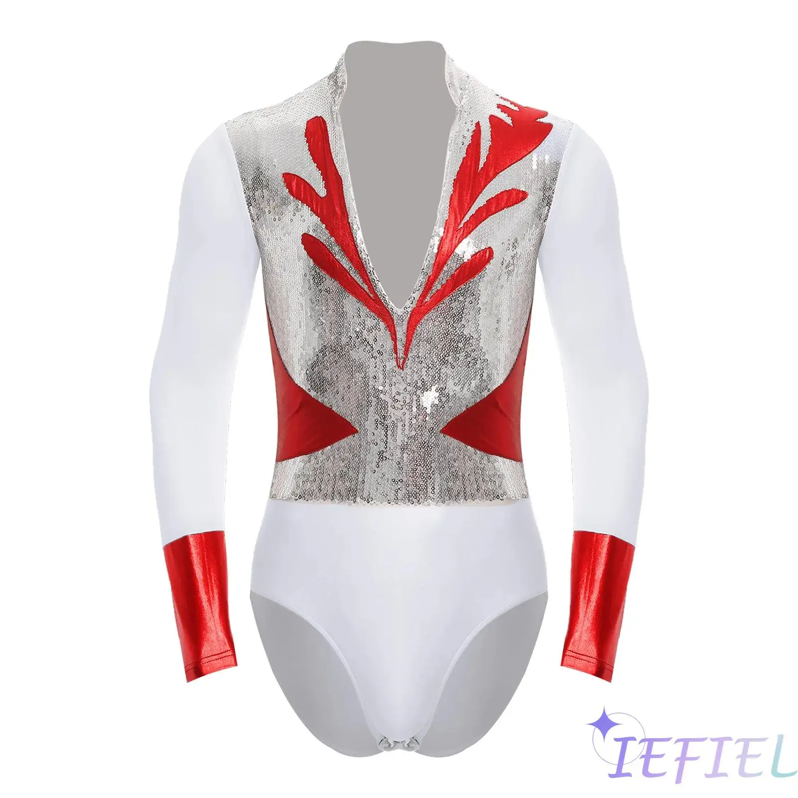 

Men Figure Skating Dance Bodysuit Leotards Latin Jazz Rumba Dancewear Long Sleeve Sheer Mesh Patchwork Rhinestones Jumpsuits