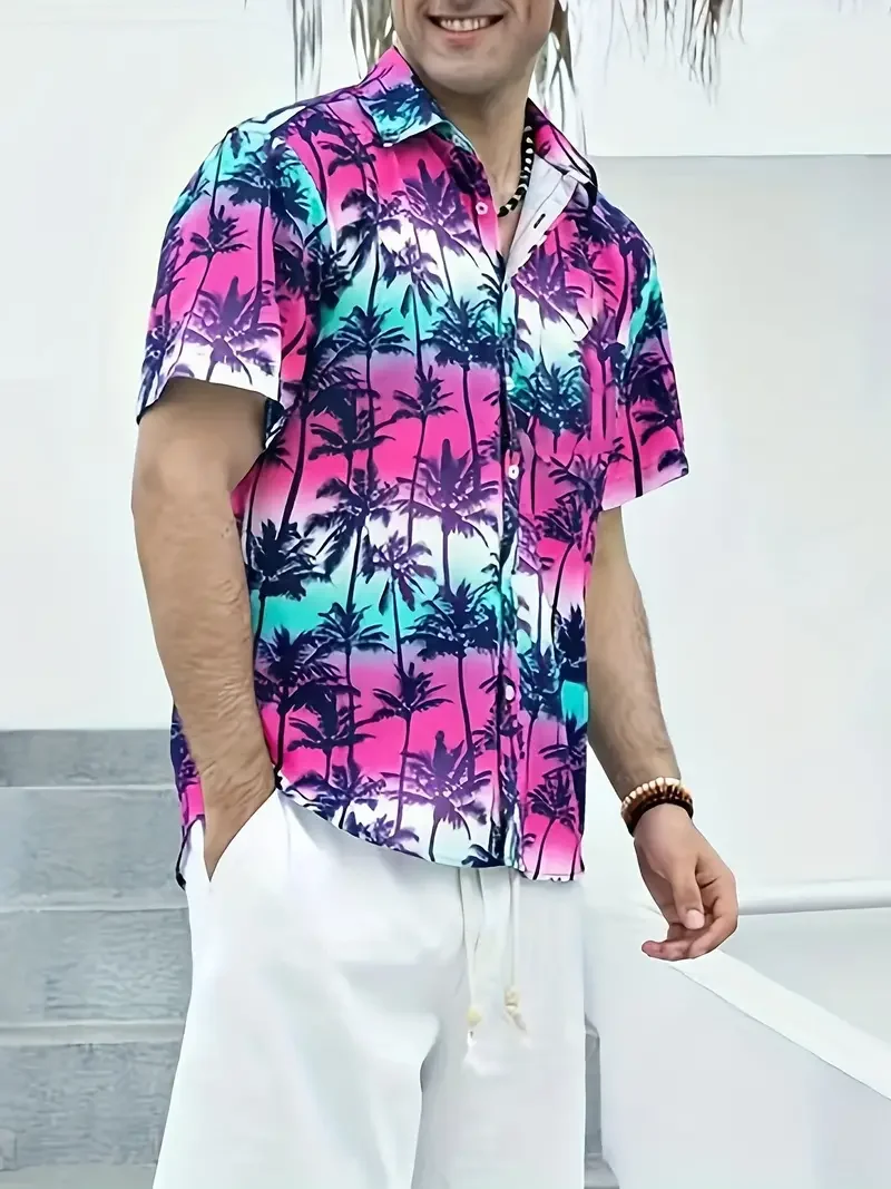 Camisa hawaiana para hombre, camisa de planta 3D, top de solapa de manga corta con estampado de playa, novedad de verano, 2024