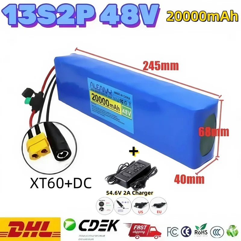 

48V 10Ah 20Ah 13S2P Lithium-Ion Battery Pack with BMS, 500~1000w Output, and 54.6V 2A Charger Included.