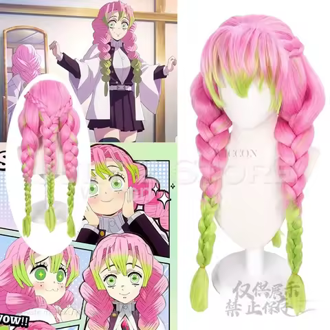 Anime Cosplay Anime Mitsuri Kanroji Cosplay Wig Pink Green Gradient Heat Gradient Hair Color Wig Cosplay Kanroji Mitsuri Wig Hal