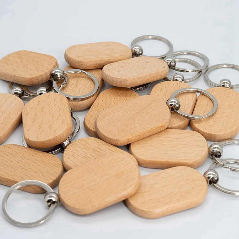 ไม้เปล่า Key Tag Key DIY พวงกุญแจไม้ Key ไม้แกะสลักช่องว่าง 60 แพ็ค