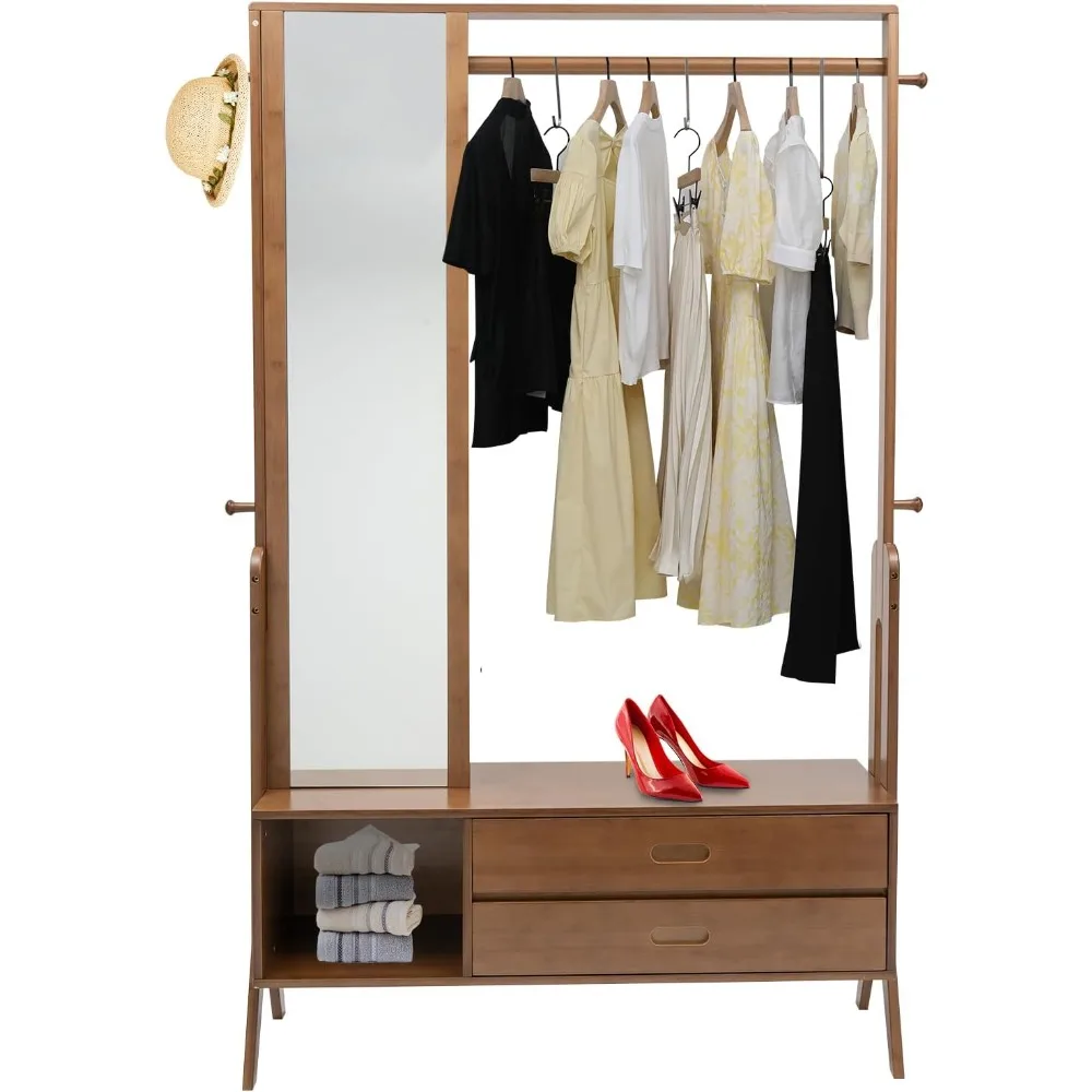 Freestanding Closet Organizer and Storage, Open Wardrobe for Entryway Full Body Mirror 220 lb Load Bearing for Doorways