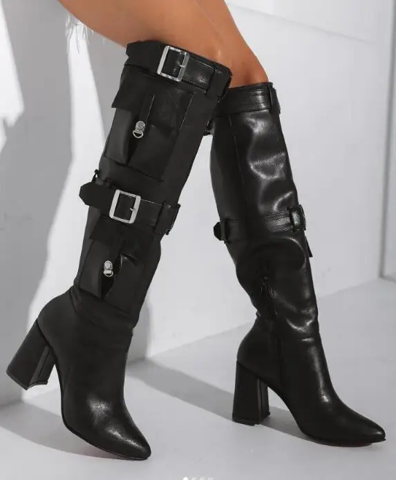 

Black Leather Buckle Strap Knee High Boots Women's Shoes Chunky High Heel Pocket Knee Length Heeled Knight Slouch Long Boot