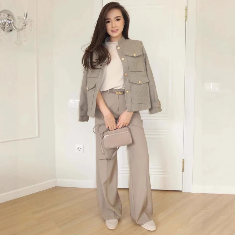 2026 Autumn Street Commuting Hot Selling Casual Button Jacket and Wide Leg Pants Two-piece Set for Women