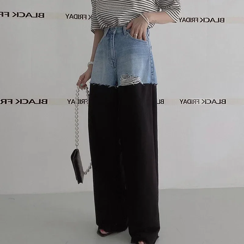 SuperAen Korean CHIC Spring Niche Vintage High Waist Ripped Edge Contrast Panel Design Wide Leg Jeans Women