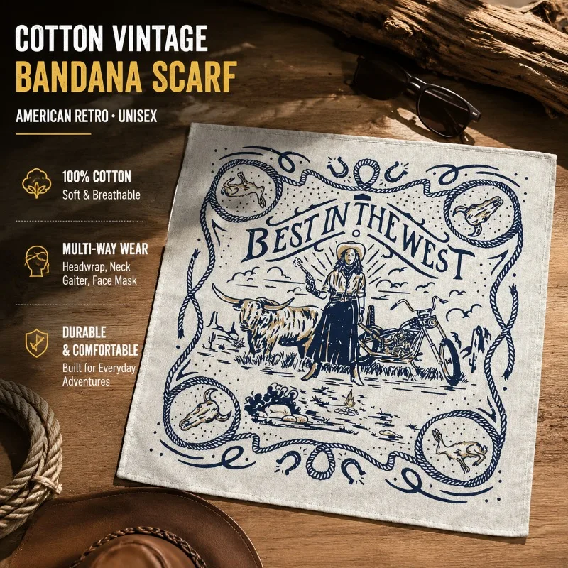 

Pure Cotton Vintage Square Scarf Retro American Style Amekaji Male Neck Wrap Classic Hip Hop Kerchief Casual Facial Daily Wear