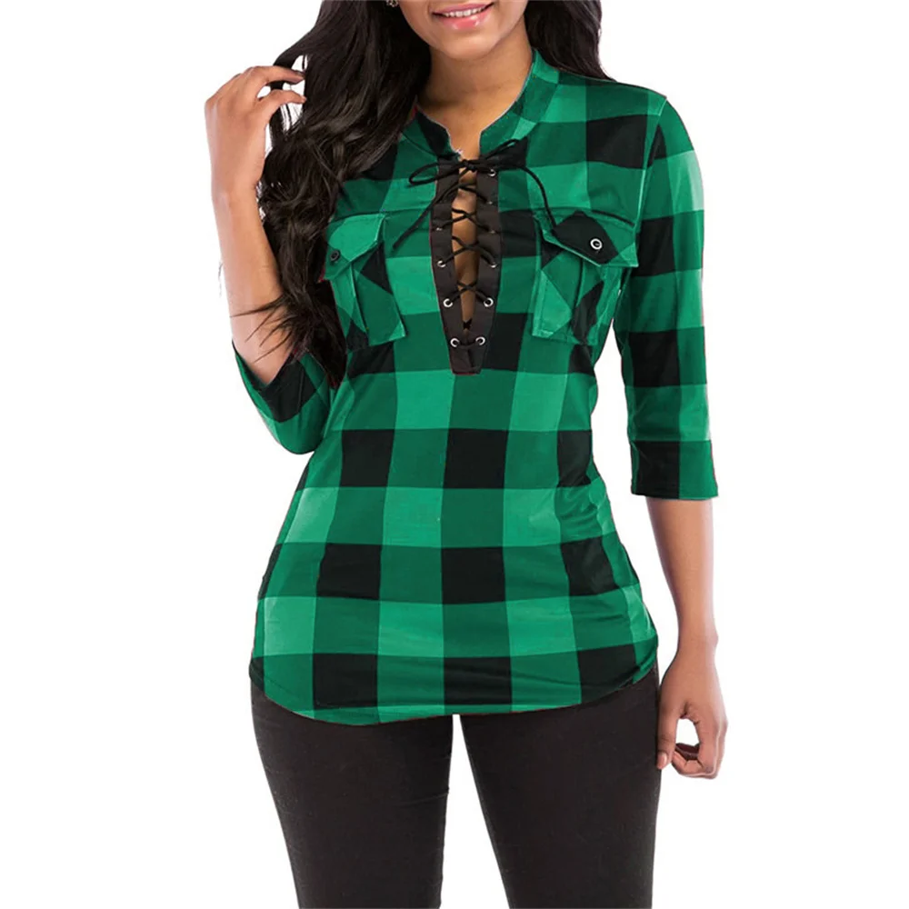 2022 New Autumn Women Plaid Shirt Ladies Casual Long Sleeve Blouse Sexy Deep V Neck Lace Up Pocket Women Shirt Tops Tunic Blusas