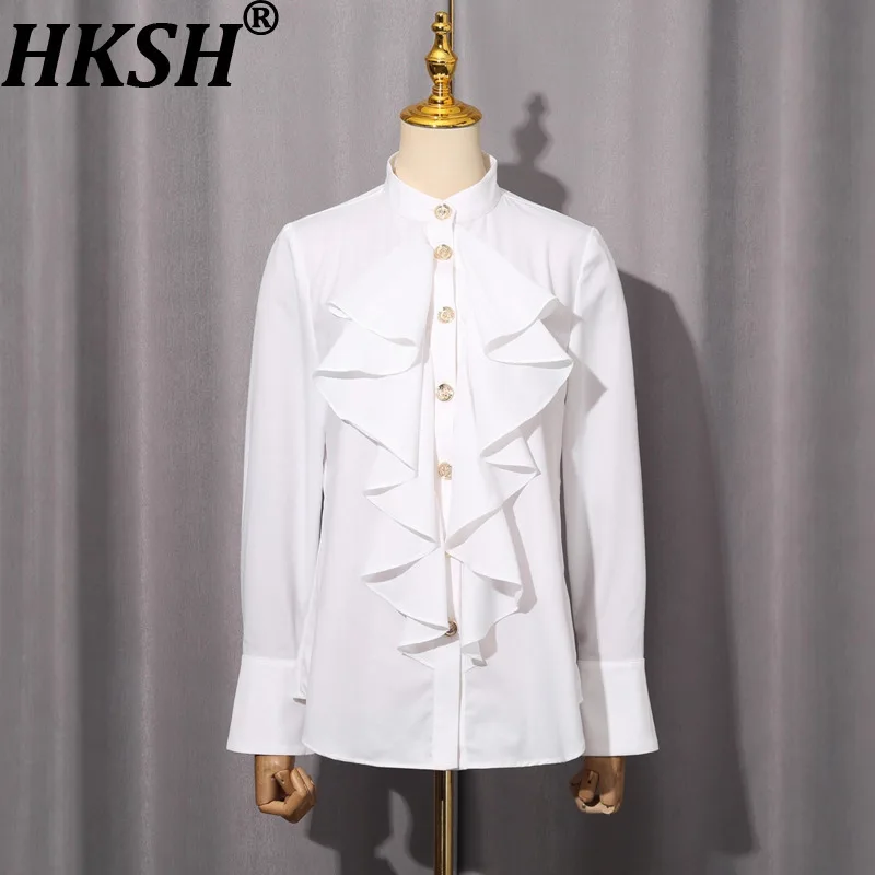 

HKSH весенне-осенние новые женские рубашки с воротником-стойкой, однобортная однобортная блузка с длинными рукавами, однотонная элегантная повседневная блузка HK14213