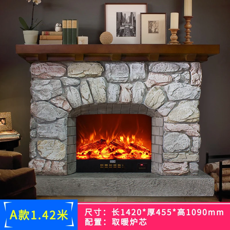 Dingmei European Style Fireplace Vintage Imitation Stone Fireplace Mantel Simulation Flame Heating Stove Heart