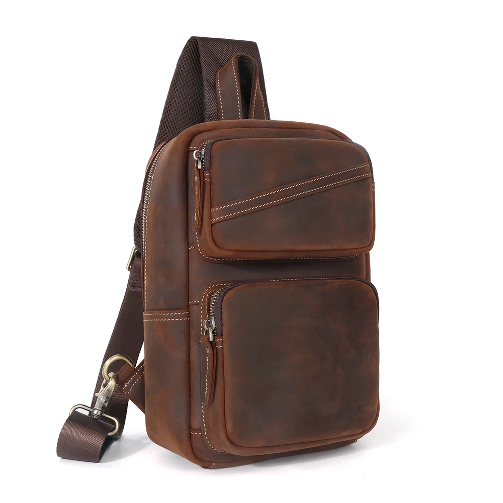 Vintage Genuine Crazy Horse Leather Men's Sling Bag Casual Shoulder Bags for Men Travel Chest Bags Vintage Crossbody Chest Pack