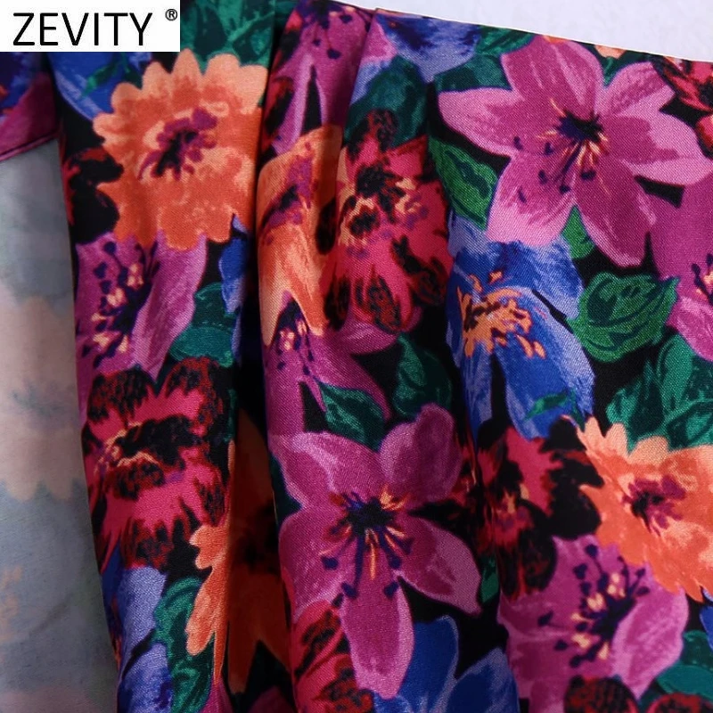 Zevity Women Vintage Cross V Neck Patchwork Floral Print Slim Short Blouses Lady Chic Long Sleeve Retro Shirt Blusas Tops LS9739