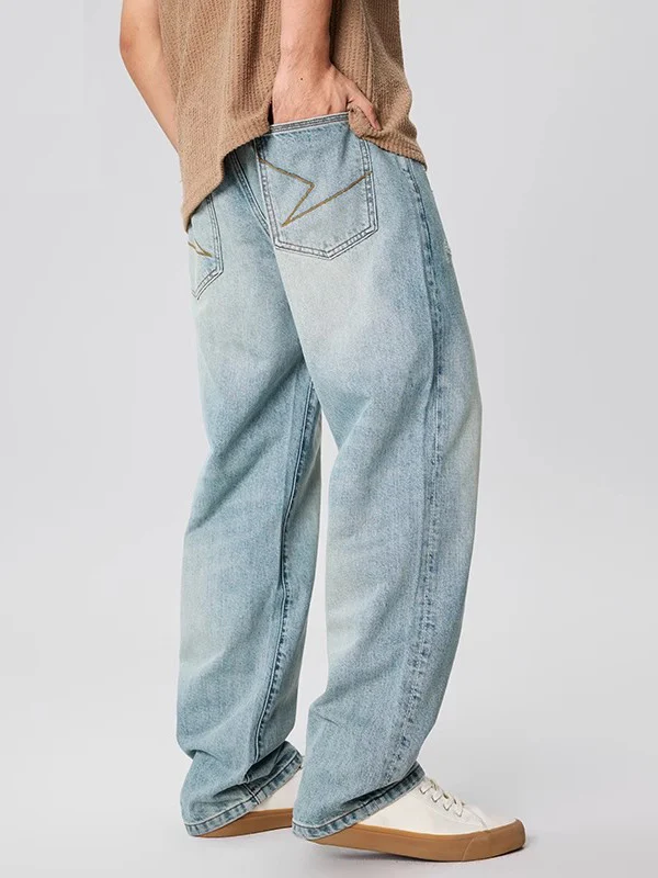 

Мужские летние свободные прямые брюки в американском стиле ретро с тонкой талией, повседневные длинные брюки из шелкового лиоцелла, джинсы со средней и высокой талией, прямые...