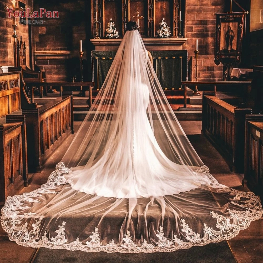 

YouLaPan V73 Bridal Veils Long Cathedral Wedding Veil with Floral French Lace Trim Scalloped Edged 1 Tier Soft Tulle Transparen