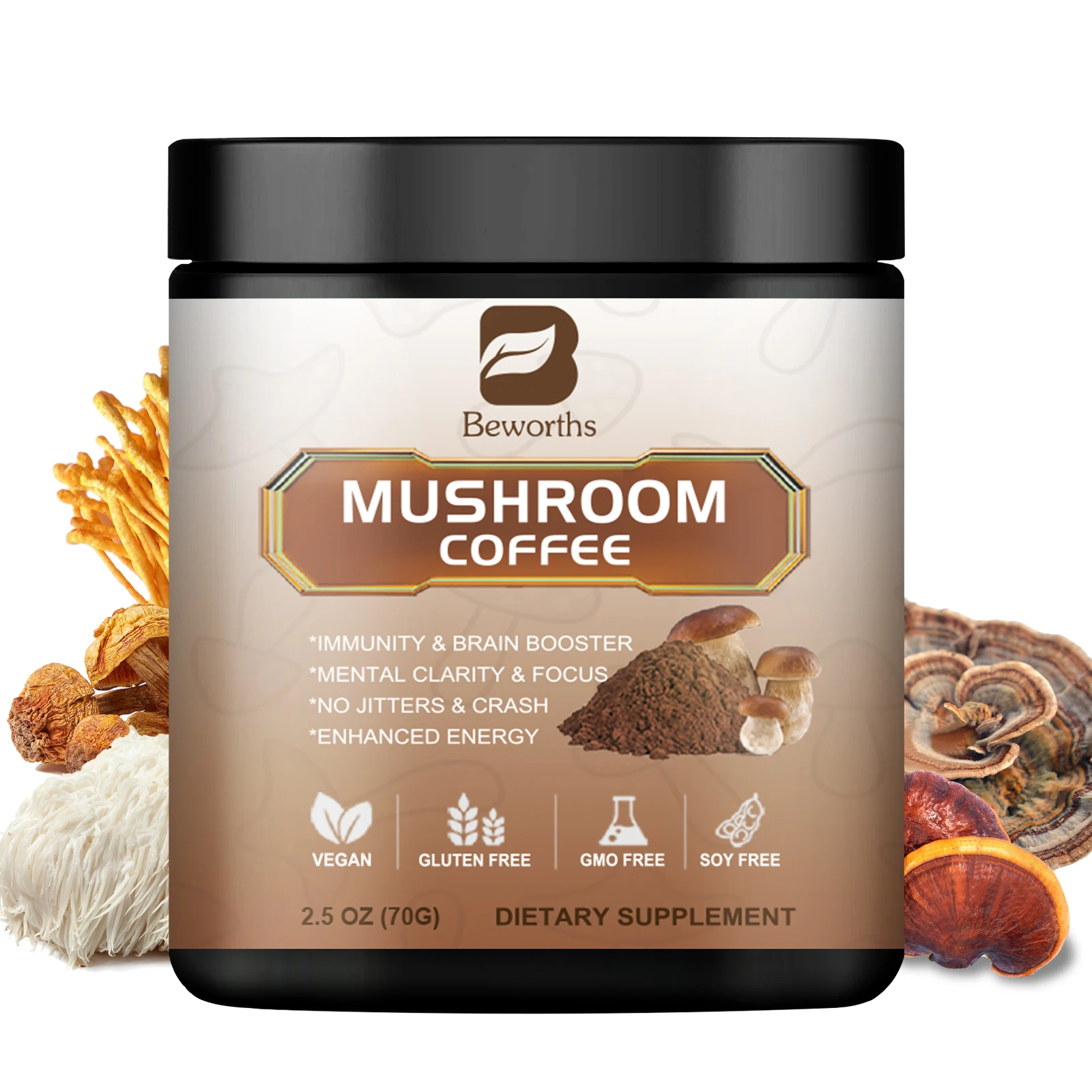 Organic Lion Mane Mushroom Coffee with Reishi, Cordyceps & Turkey Tail-Support Energy, Mental Clarity & Focus, Brain Booster