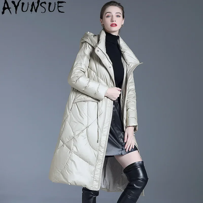 AYUNSUE White Duck Down Puffer Jacket Women High Quality Long Down Coats with Hood 2024 Winter Luxury Clothes Loose Fit Пуховики