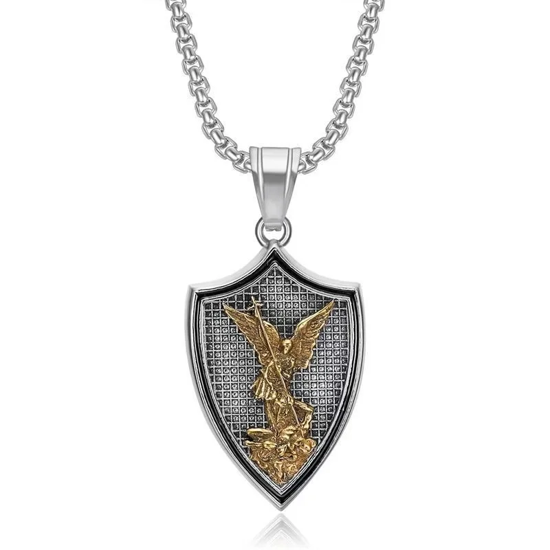 New Retro Accessories Stainless Steel Gold-Plated St. Michael the Archangel Shield Pendant Necklace