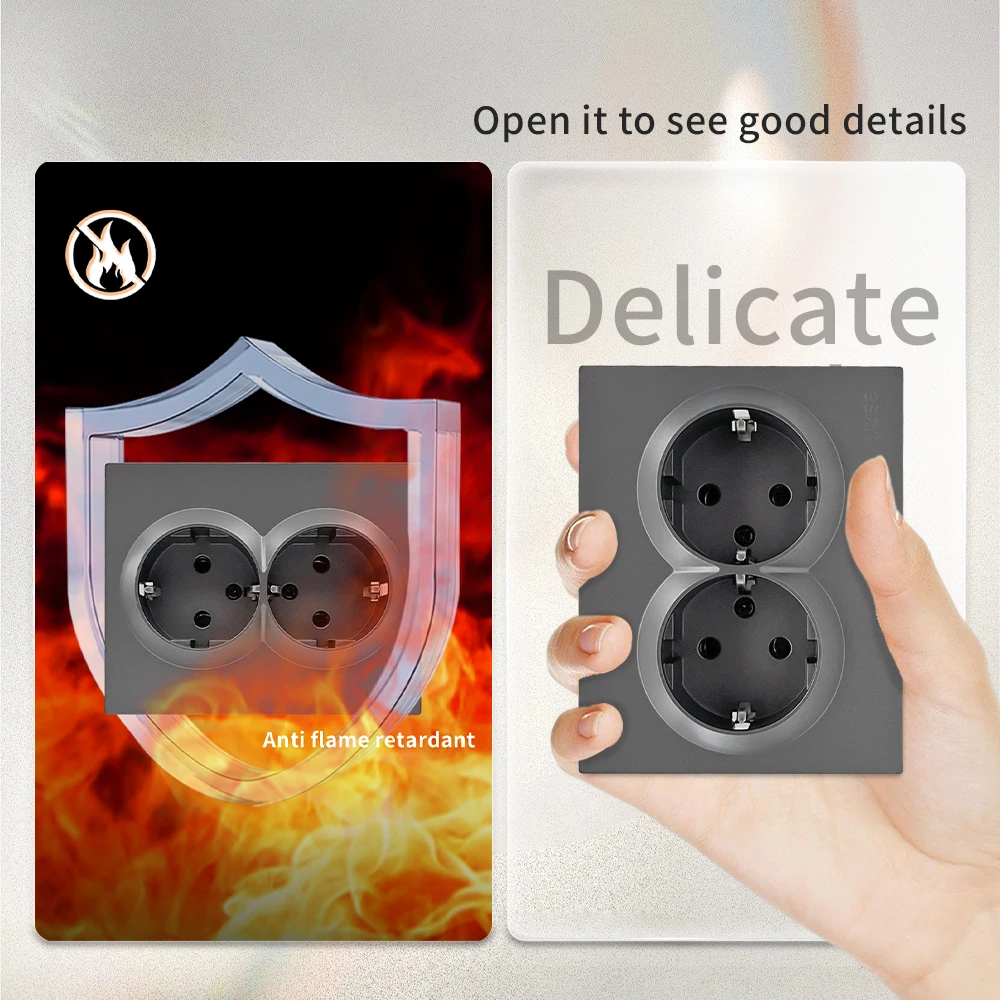 สีเทาพร้อมพื้นดินสีคลาสสิกพลาสติก AC ปลั๊กไฟฟ้าปลั๊กไฟ 250V EU มาตรฐานผนังฝังพื้นสารหน่วงไฟ