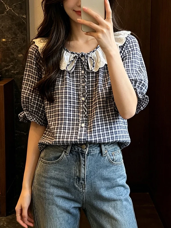 

Fashionable Large Size Women's Checkered Lace Shirt Short Sleeve Shoulder Length Design Korean Style Commute Wind Regular Fit