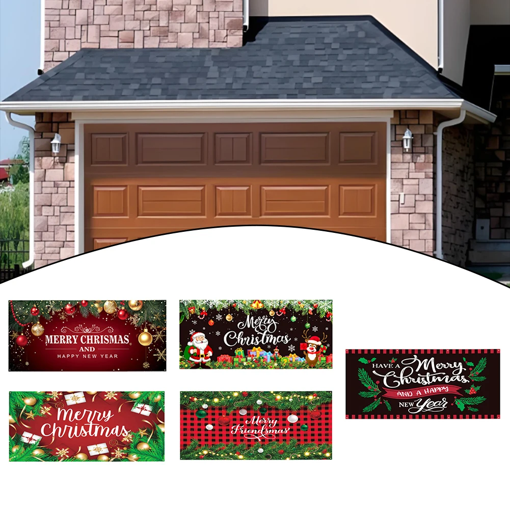100D Polyester Fabric Christmas Garage Door Flag Banner 13.1*5.9ft Yard Flags Double Sided Printed Outdoor Garden Party Xmas Dec