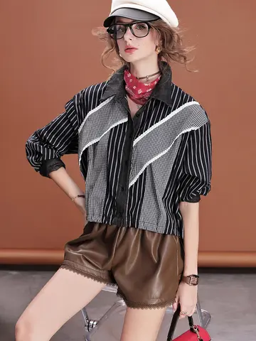 Women Oversized Cotton Stripe Shirt Cropped Loose Fit Long Sleeve Blouse Top Casual Fashion Streetwear Black White