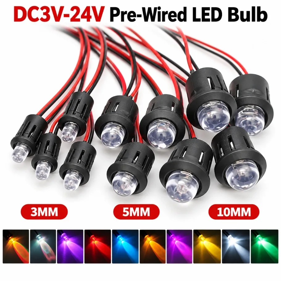 10/20Pcs DC3V-24V Pre-wired LED Bulb 3mm 5mm 10mm Pre-soldered Transparent LED Light Emitting Diode for DIY Model Indicator Lamp