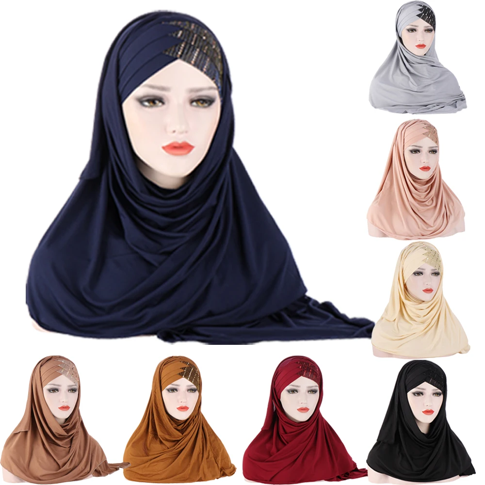 

One Piece Amira Muslim Women Pull On Ready Made Instant Shawl Hijab Scarf Islamic Headscarf Sequin Cross Prayer Hooded Wrap Cap