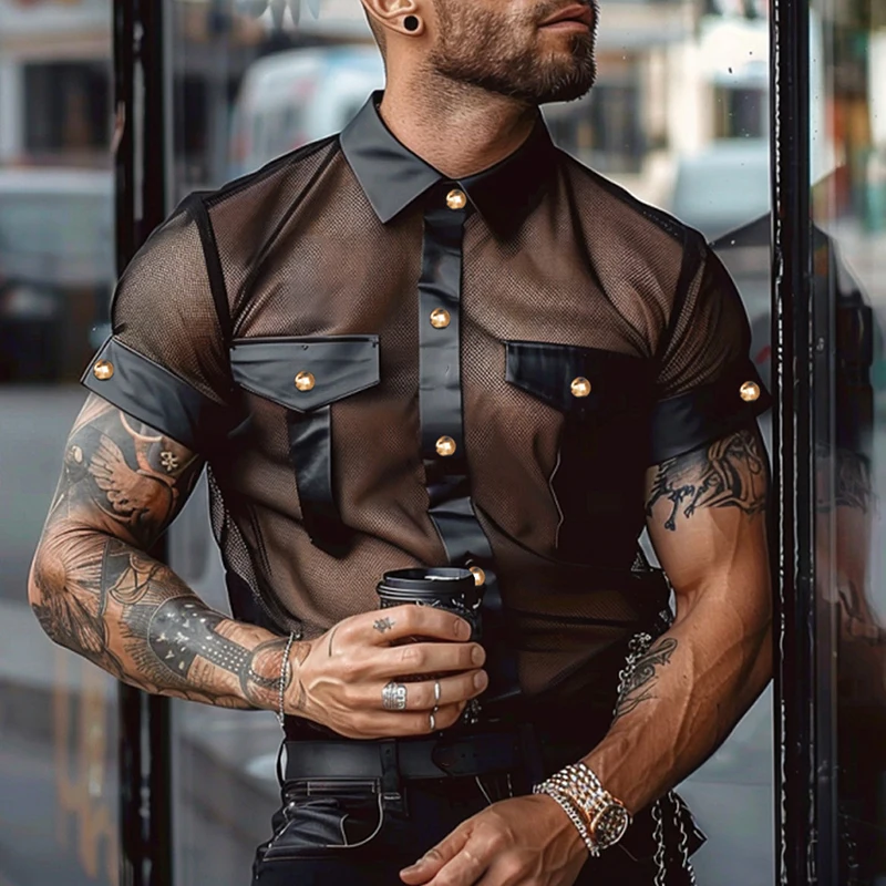 Sexy See Through Mesh Shirts For Men Vintage Patchwork Button Lapel Leather Shirt Party Fashion Mens Short Sleeve Tops Nightclub